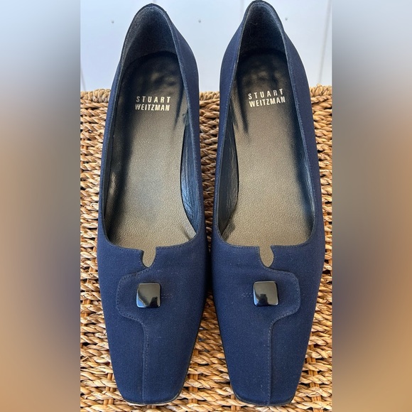 Stuart Weitzman Shoes - Stuart Weitzman Textured Satin Spoon Heels Square Toe Navy Size 6.5M